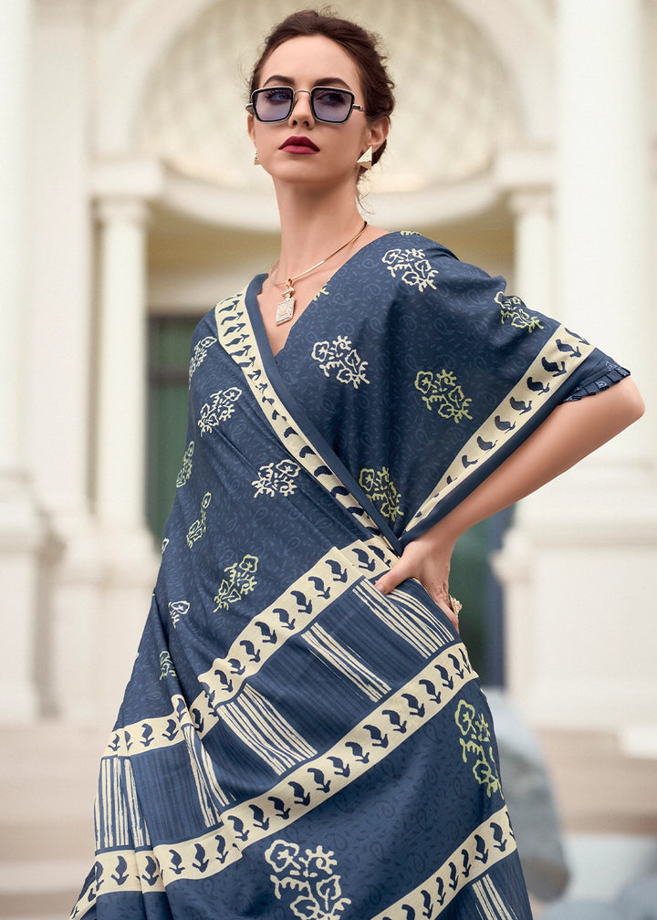 Cool Blue Cotton Silk Saree with Contemporary Prints