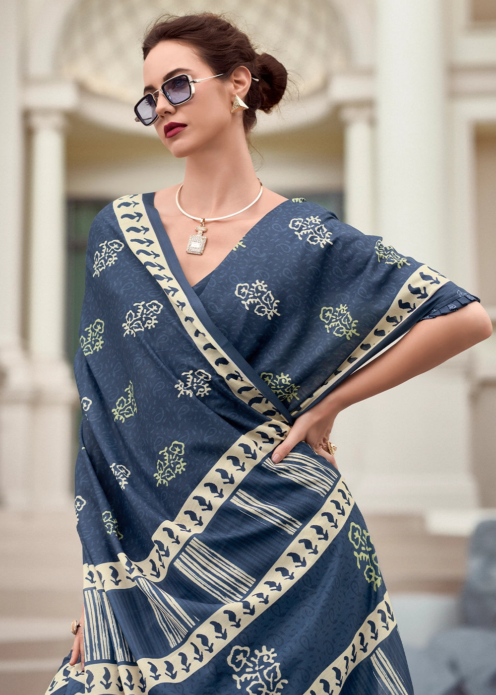 Cool Blue Cotton Silk Saree with Contemporary Prints