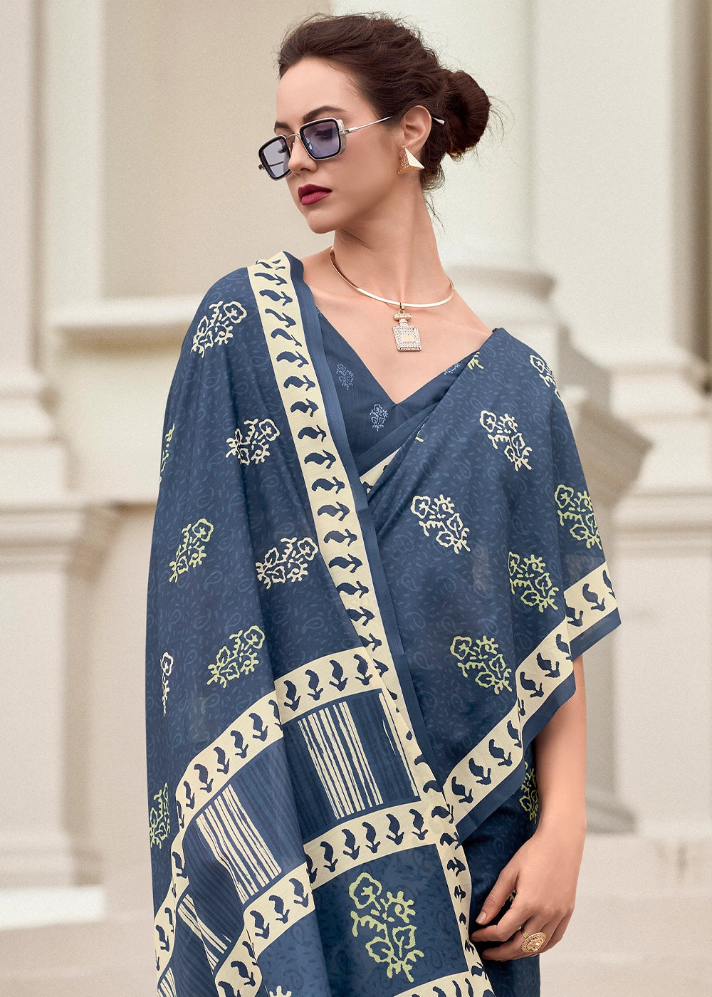 Cool Blue Cotton Silk Saree with Contemporary Prints