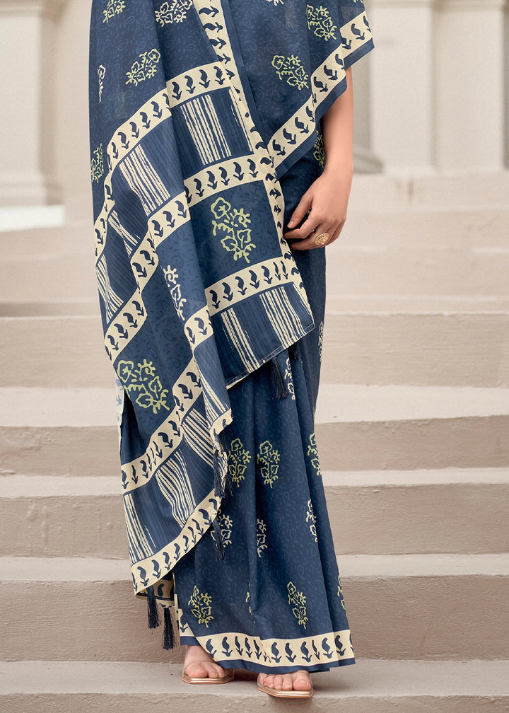 Cool Blue Cotton Silk Saree with Contemporary Prints