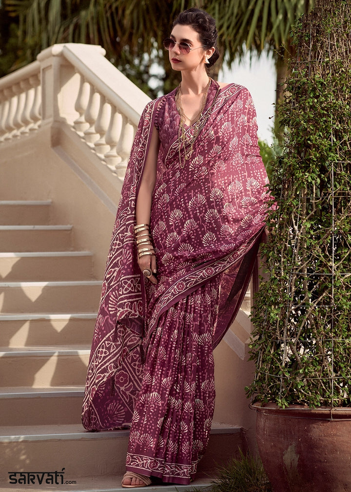 Puce Purple Cotton Silk Saree with Contemporary Prints