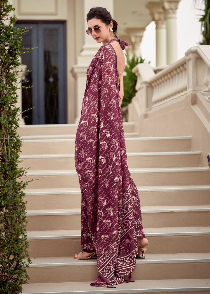 Puce Purple Cotton Silk Saree with Contemporary Prints