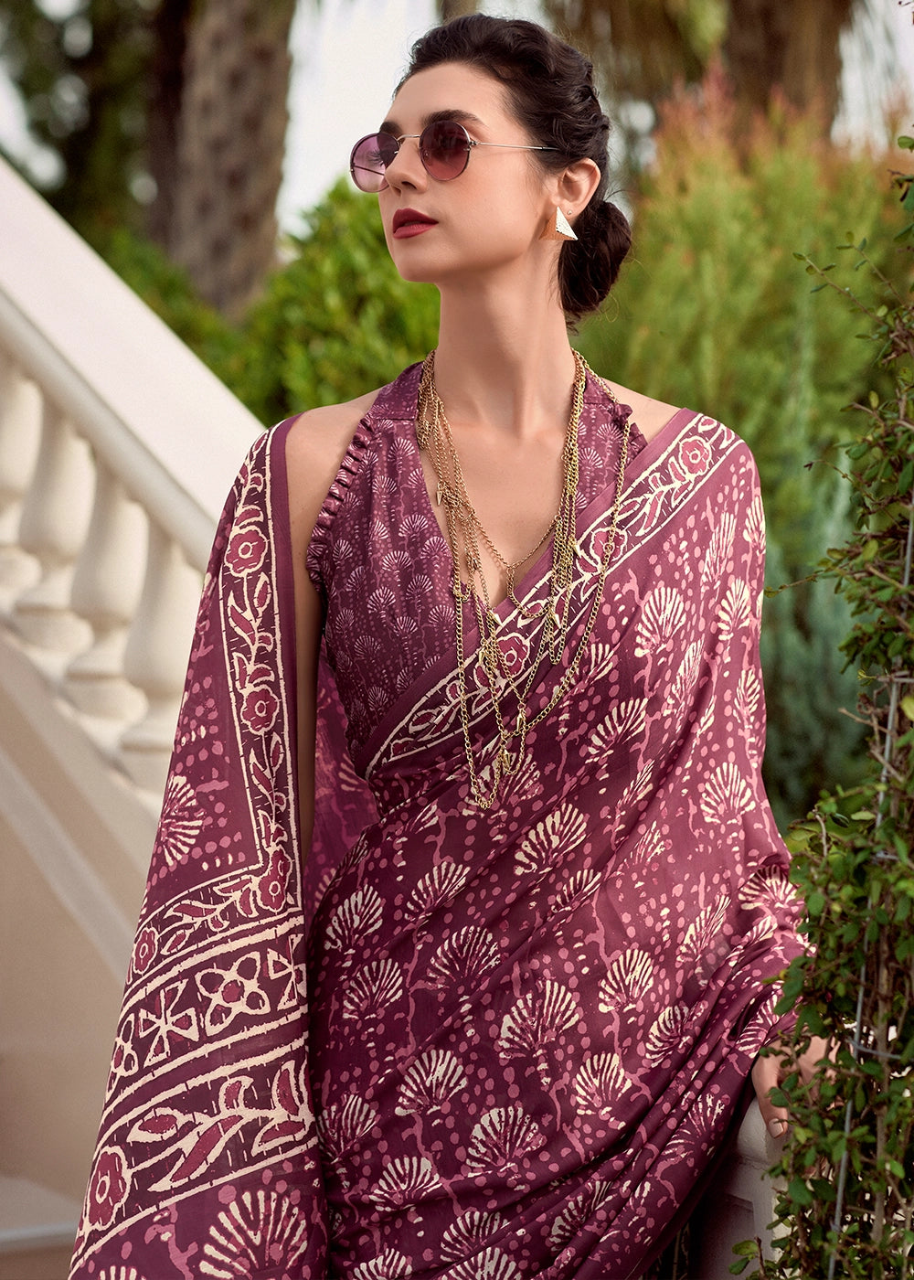 Puce Purple Cotton Silk Saree with Contemporary Prints