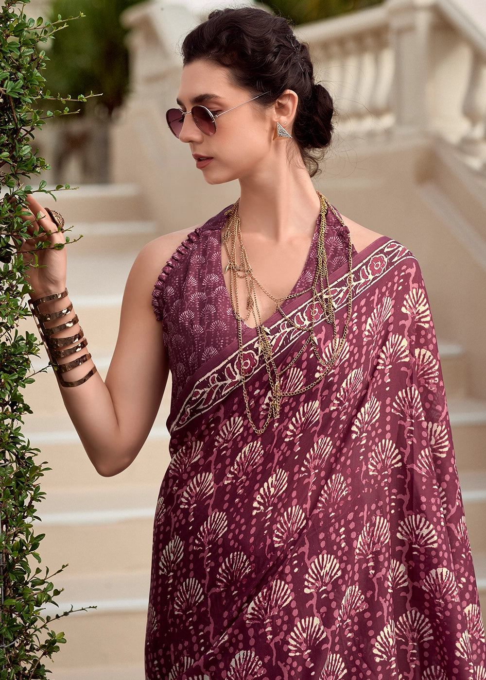 Puce Purple Cotton Silk Saree with Contemporary Prints
