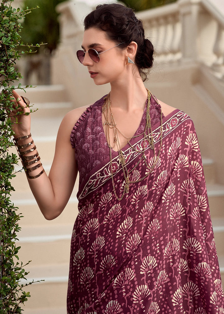 Puce Purple Cotton Silk Saree with Contemporary Prints