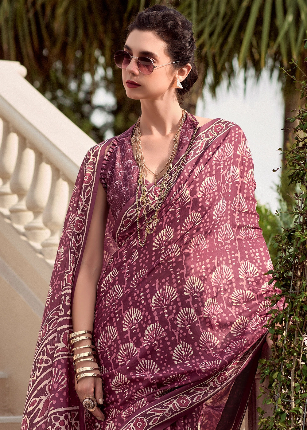 Puce Purple Cotton Silk Saree with Contemporary Prints