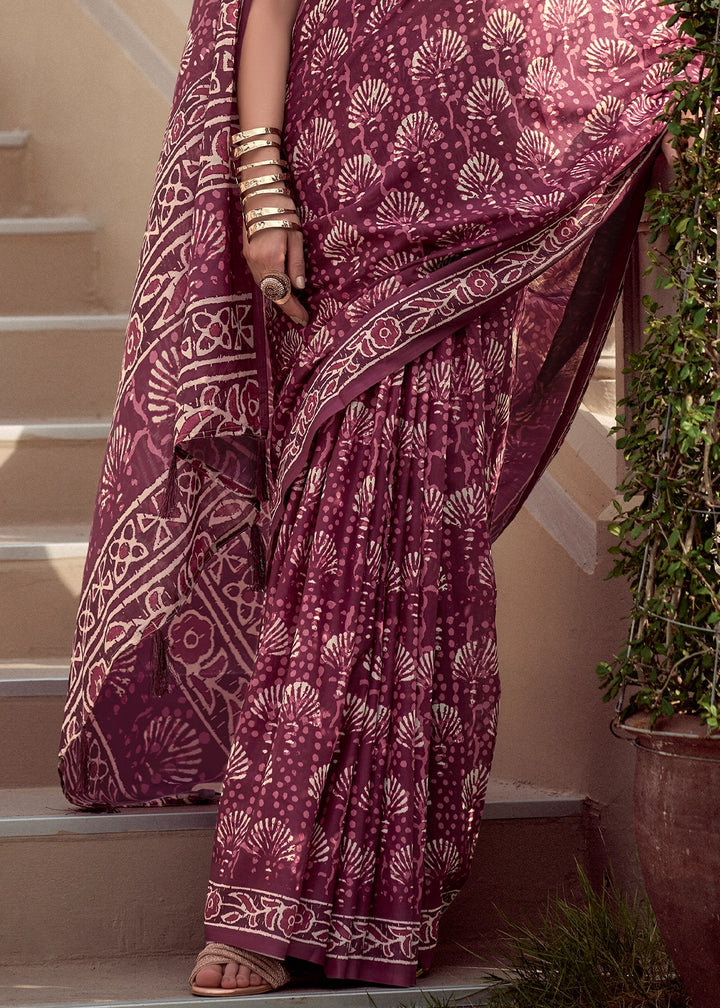 Puce Purple Cotton Silk Saree with Contemporary Prints