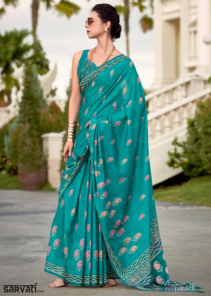 Turquoise Blue Cotton Silk Saree with Contemporary Prints