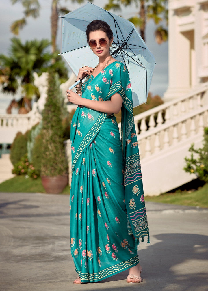 Turquoise Blue Cotton Silk Saree with Contemporary Prints
