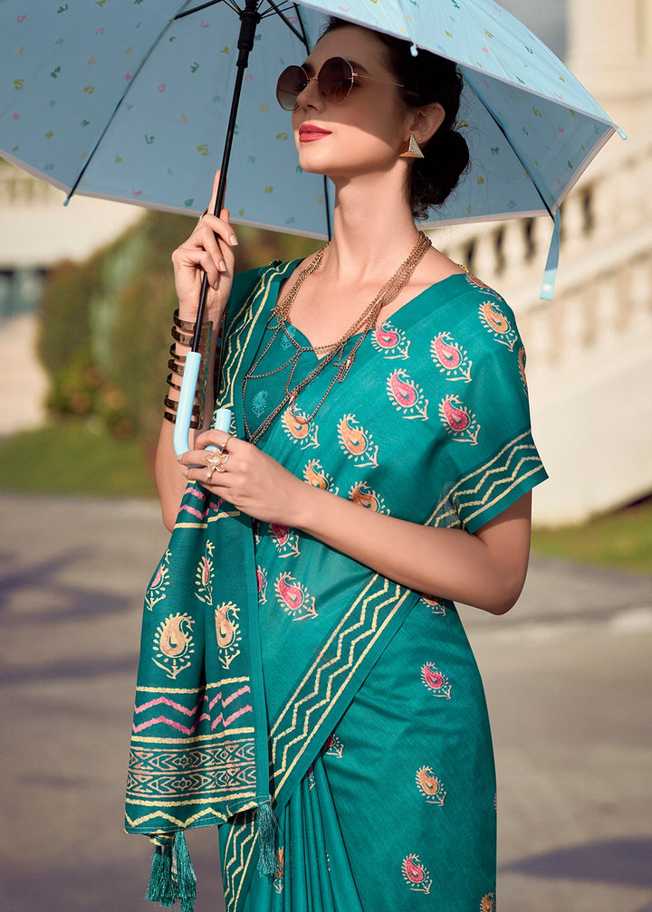 Turquoise Blue Cotton Silk Saree with Contemporary Prints