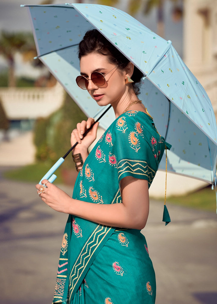 Turquoise Blue Cotton Silk Saree with Contemporary Prints