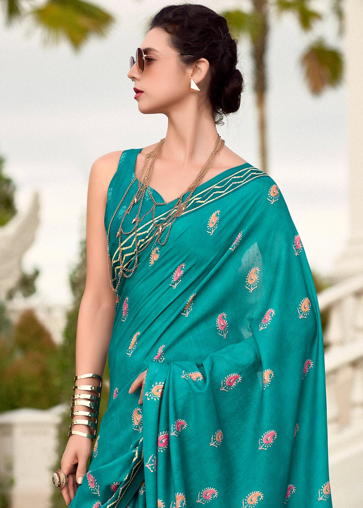 Turquoise Blue Cotton Silk Saree with Contemporary Prints