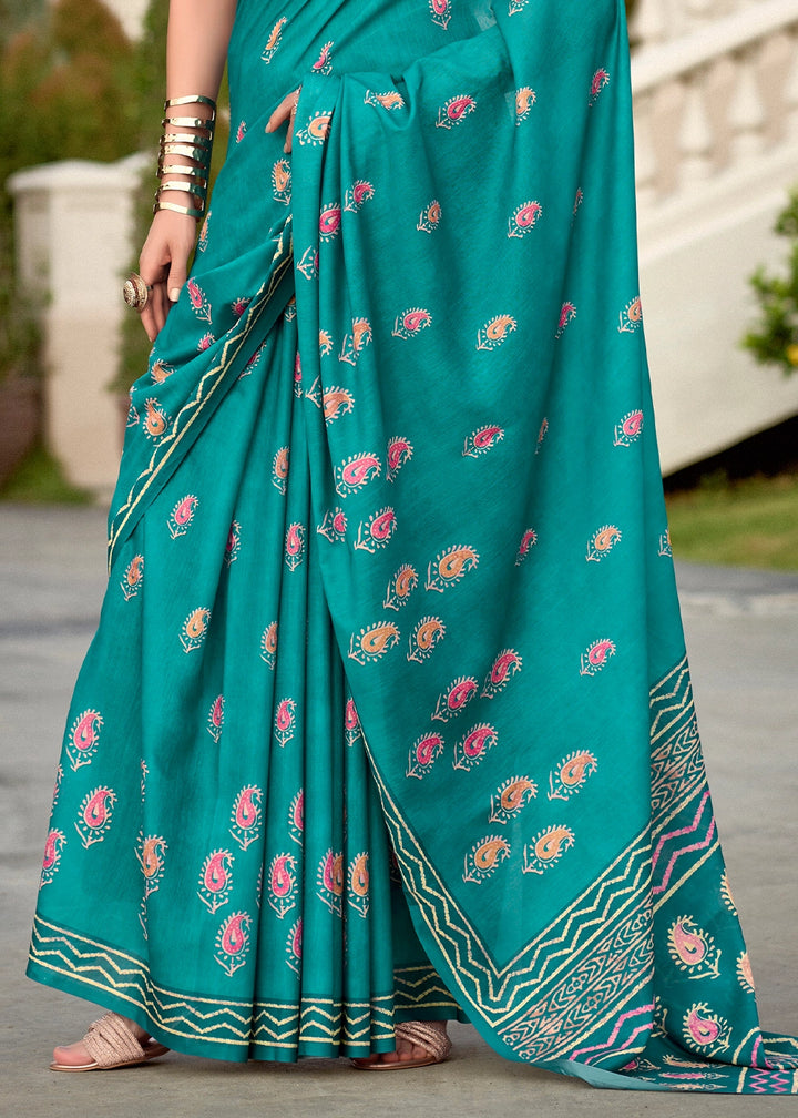 Turquoise Blue Cotton Silk Saree with Contemporary Prints