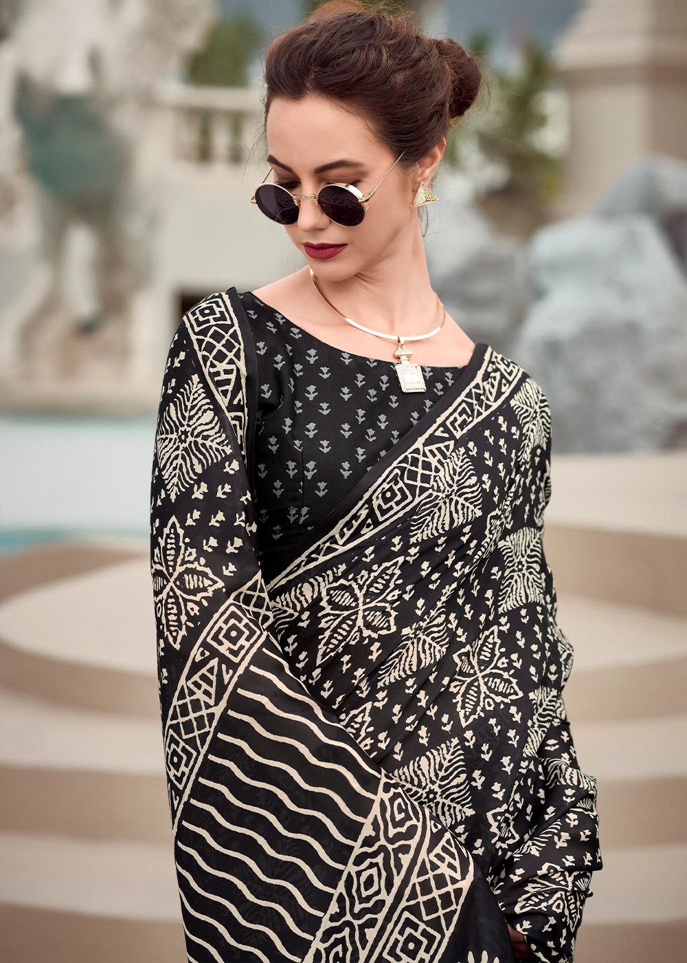 Soft Black Cotton Silk Saree with Contemporary Prints
