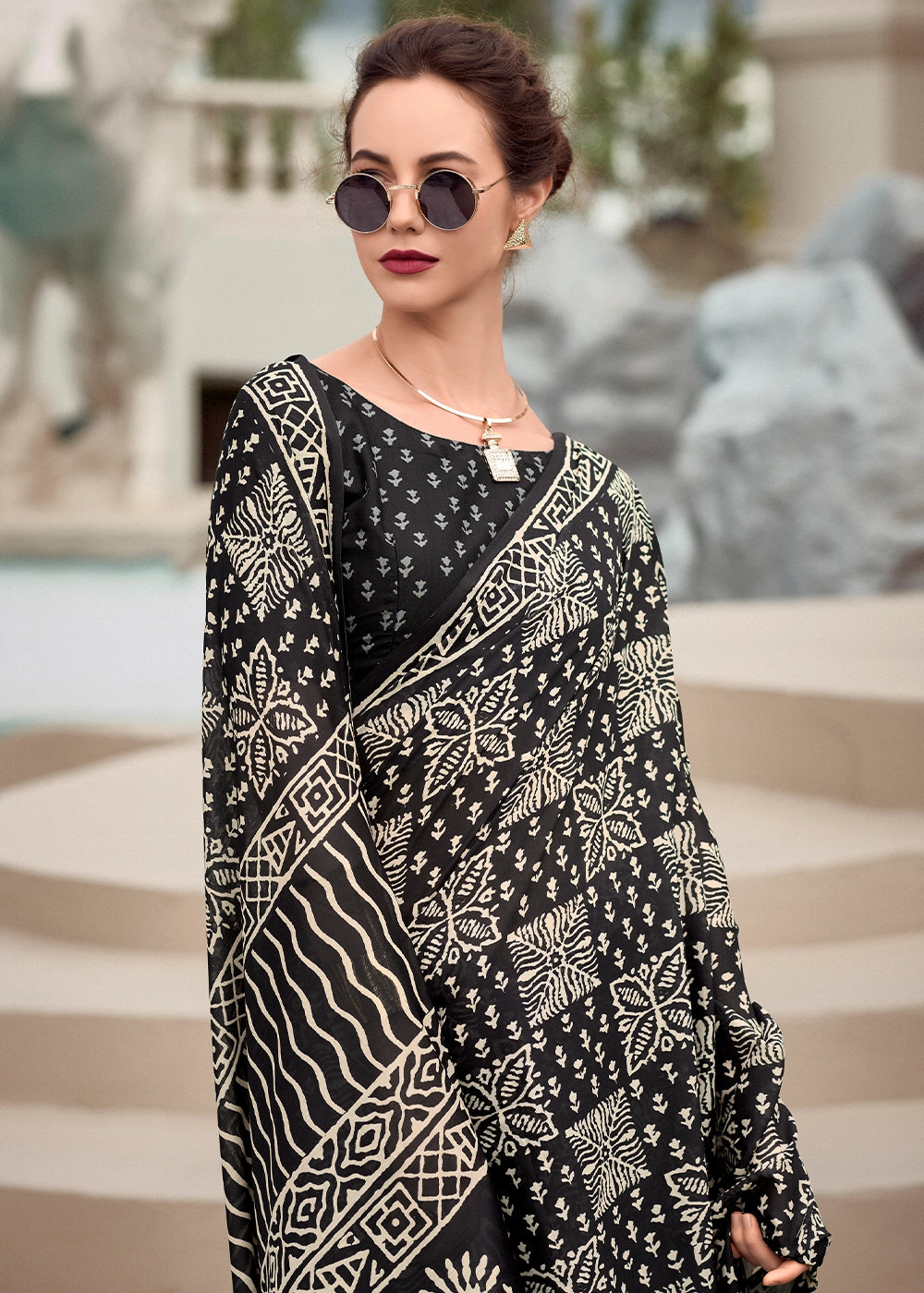 Soft Black Cotton Silk Saree with Contemporary Prints