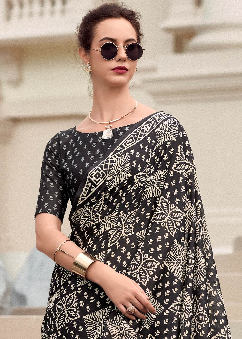 Soft Black Cotton Silk Saree with Contemporary Prints