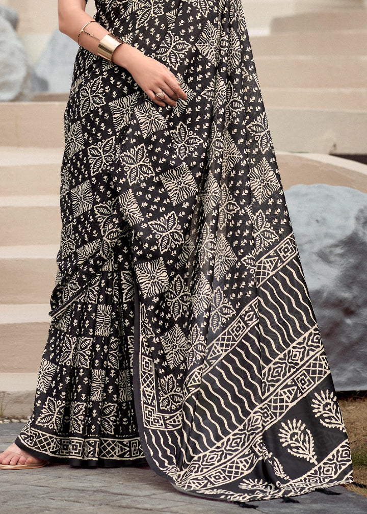 Soft Black Cotton Silk Saree with Contemporary Prints