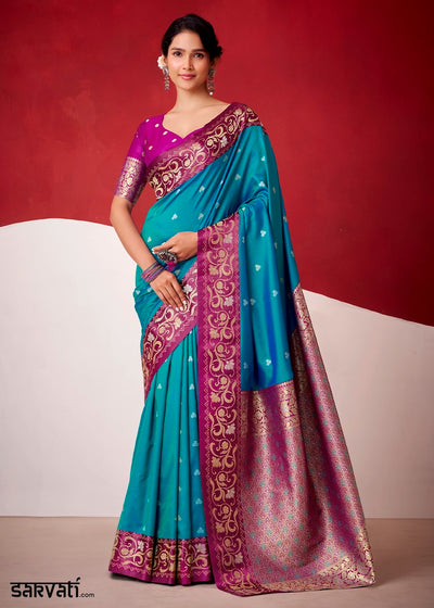 Ocean Blue Satin Silk Saree with Intricate Zari Woven Buttis