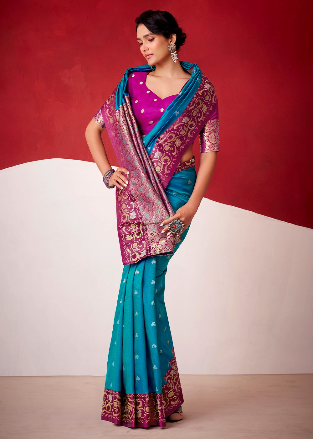 Ocean Blue Satin Silk Saree with Intricate Zari Woven Buttis