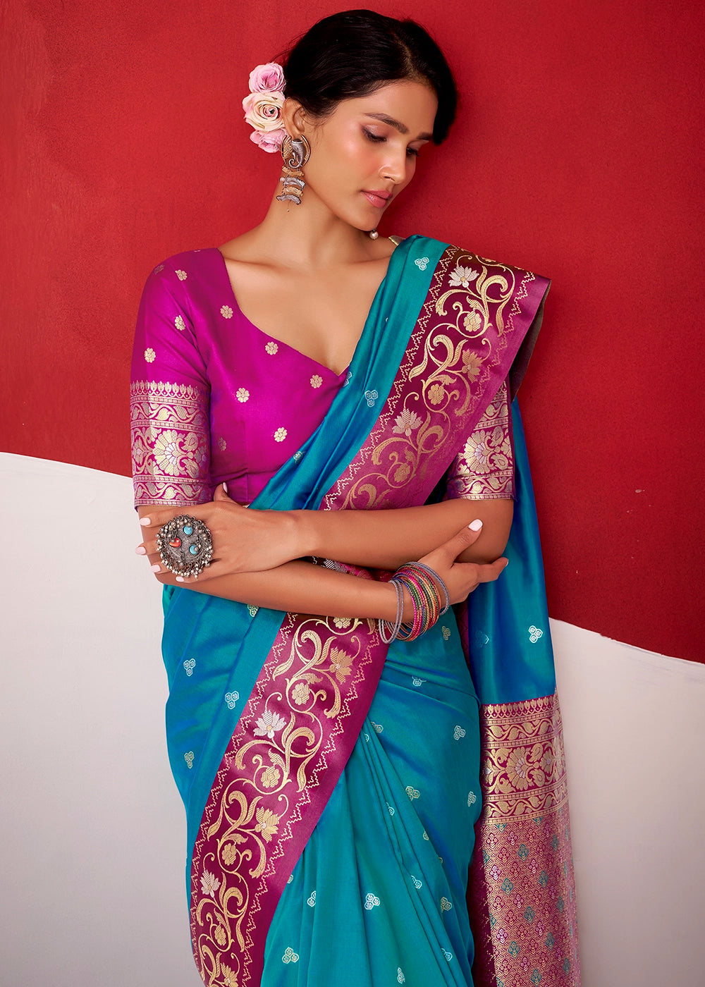 Ocean Blue Satin Silk Saree with Intricate Zari Woven Buttis