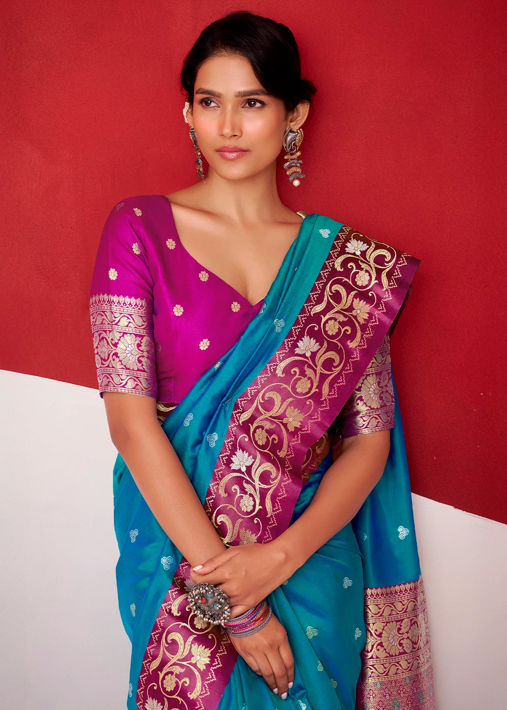 Ocean Blue Satin Silk Saree with Intricate Zari Woven Buttis