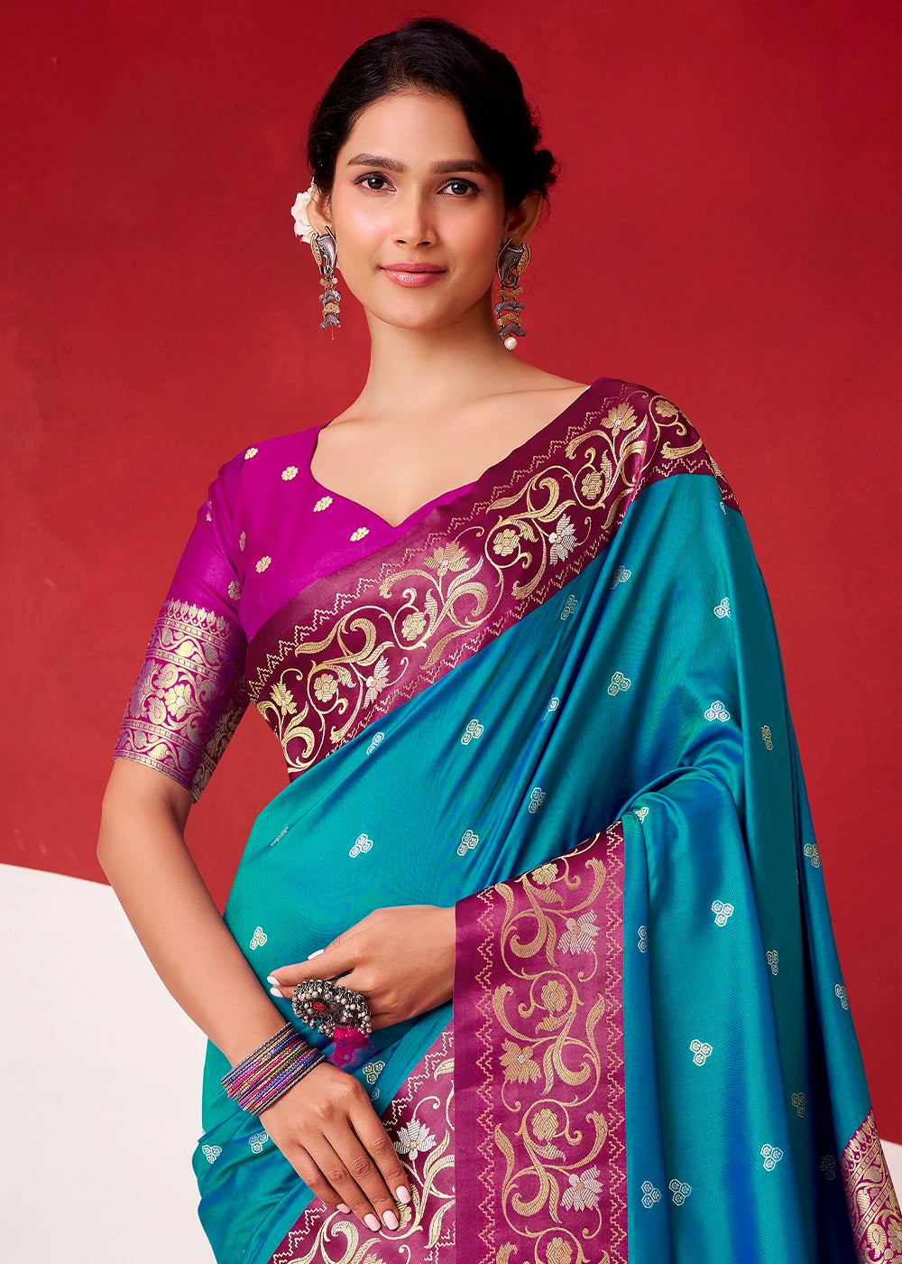 Ocean Blue Satin Silk Saree with Intricate Zari Woven Buttis