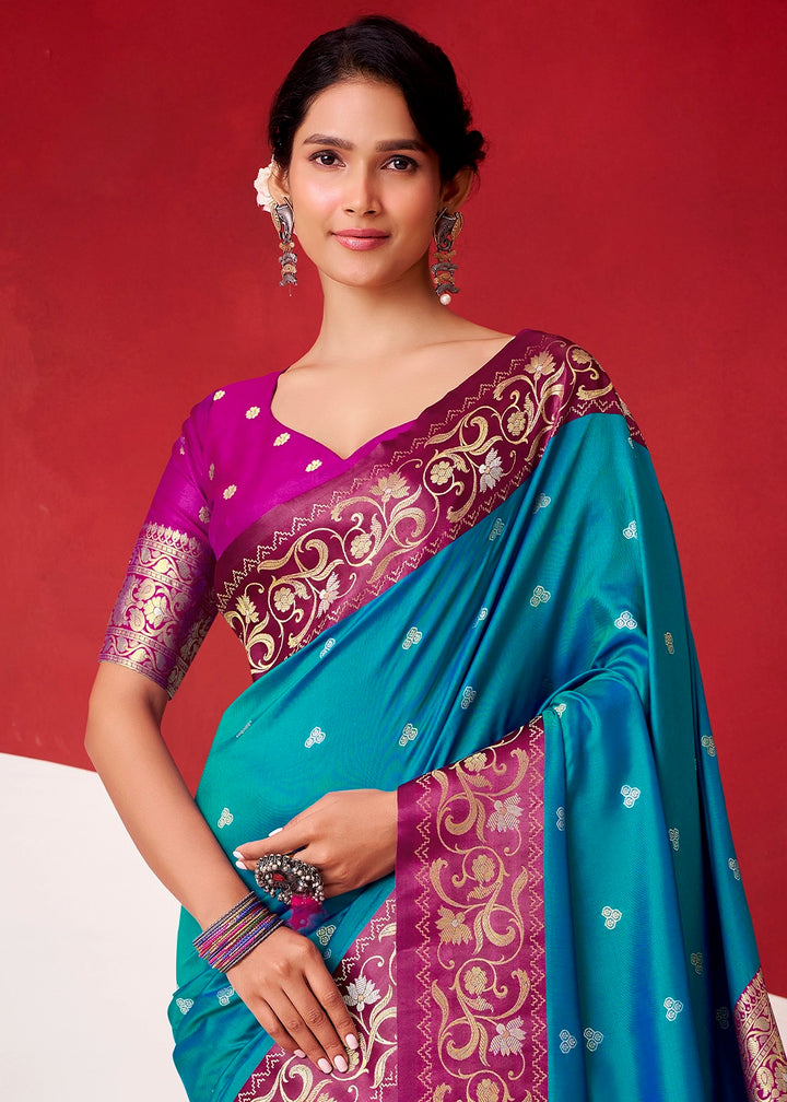 Ocean Blue Satin Silk Saree with Intricate Zari Woven Buttis