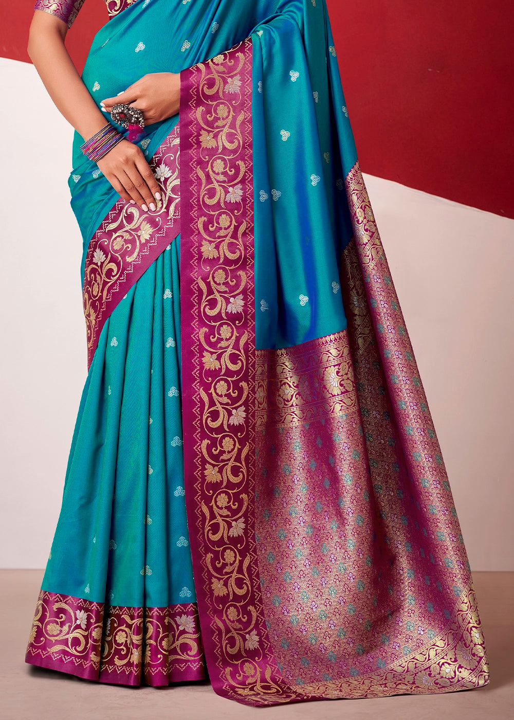 Ocean Blue Satin Silk Saree with Intricate Zari Woven Buttis
