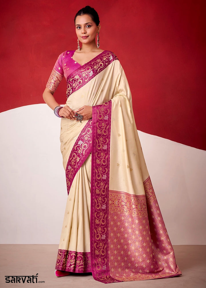 Cream White Satin Silk Saree with Intricate Zari Woven Buttis