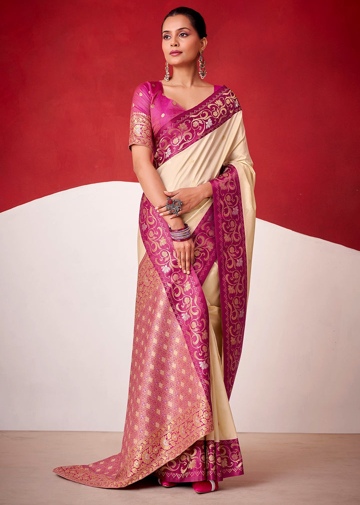 Cream White Satin Silk Saree with Intricate Zari Woven Buttis