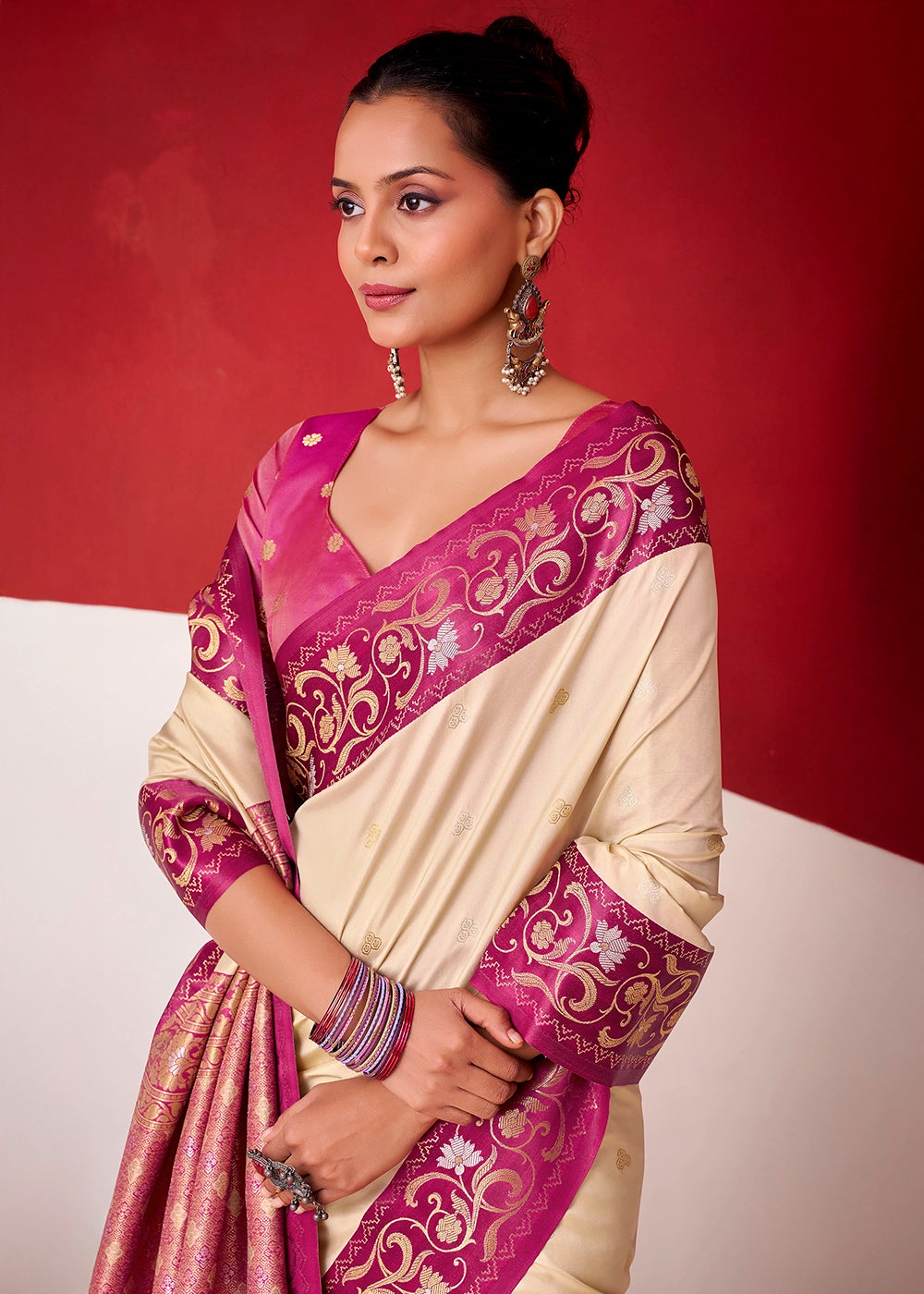 Cream White Satin Silk Saree with Intricate Zari Woven Buttis