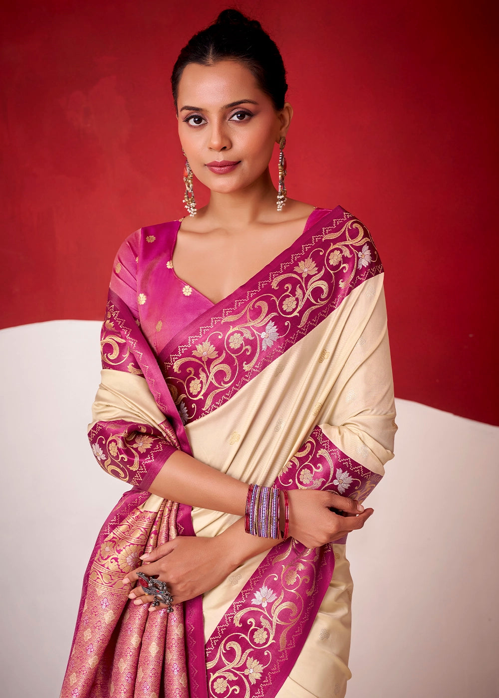 Cream White Satin Silk Saree with Intricate Zari Woven Buttis