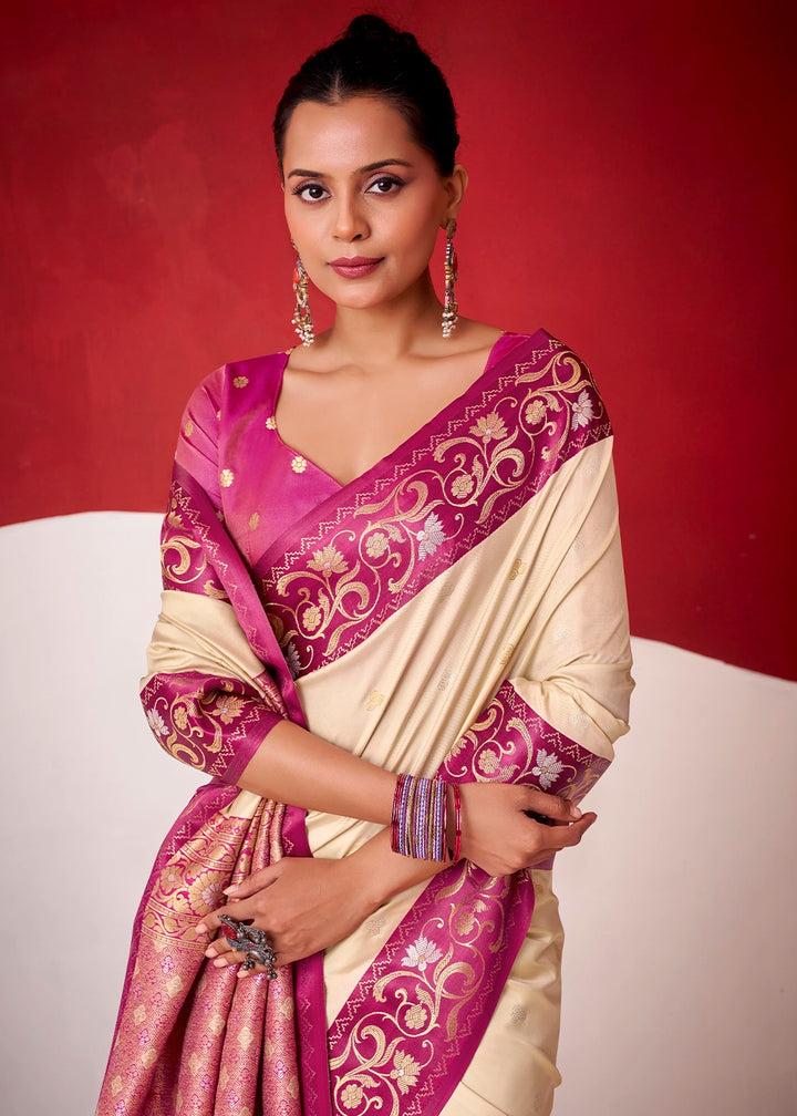 Cream White Satin Silk Saree with Intricate Zari Woven Buttis