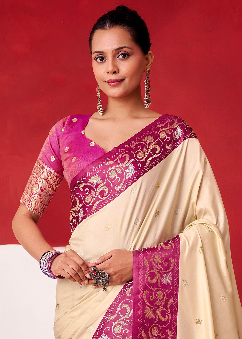 Cream White Satin Silk Saree with Intricate Zari Woven Buttis