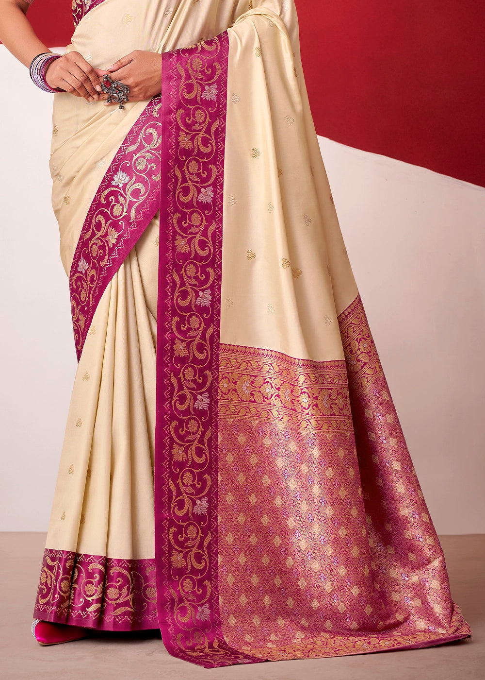 Cream White Satin Silk Saree with Intricate Zari Woven Buttis