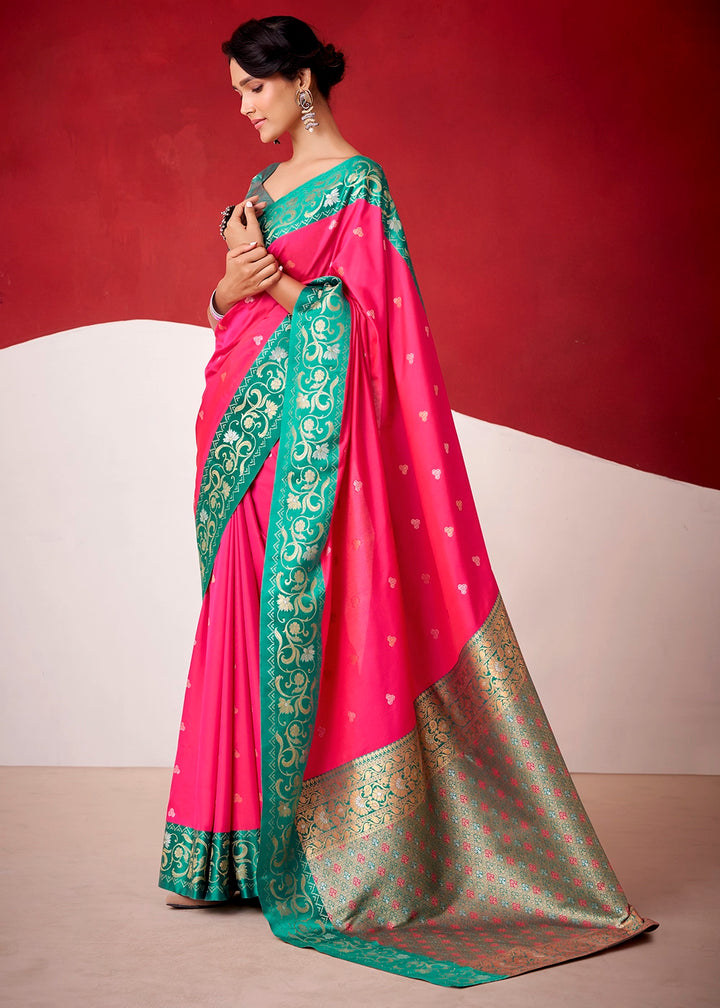 Brink Pink Satin Silk Saree with Intricate Zari Woven Buttis