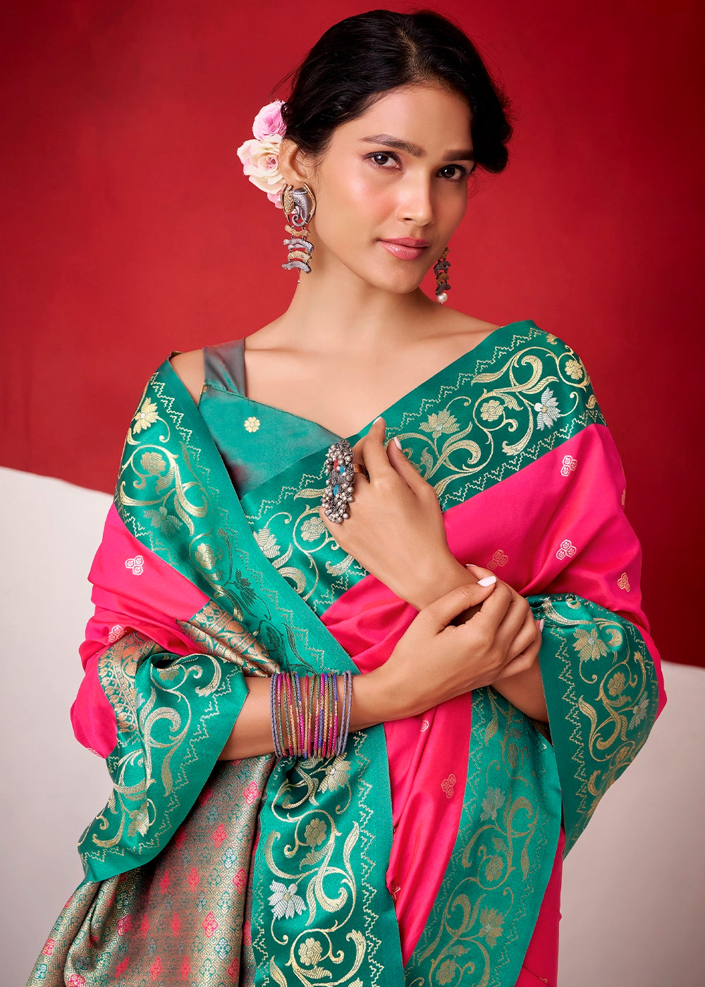 Brink Pink Satin Silk Saree with Intricate Zari Woven Buttis