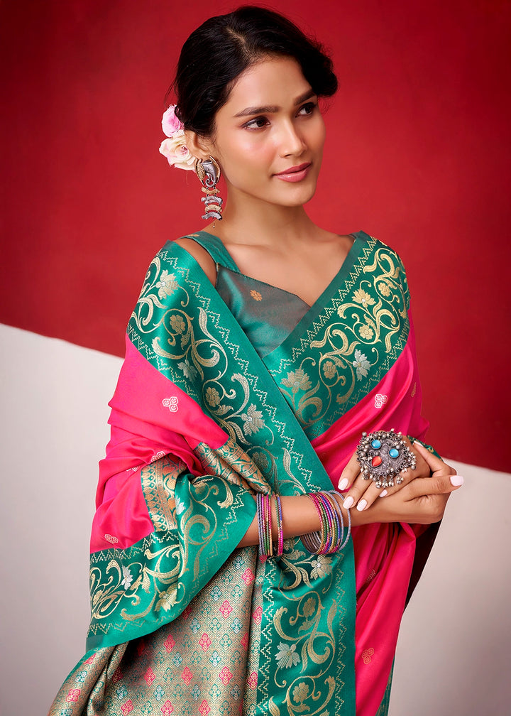 Brink Pink Satin Silk Saree with Intricate Zari Woven Buttis