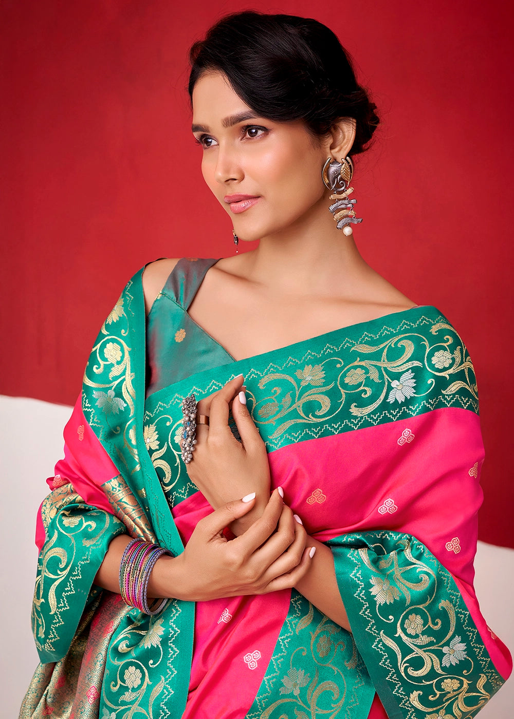 Brink Pink Satin Silk Saree with Intricate Zari Woven Buttis