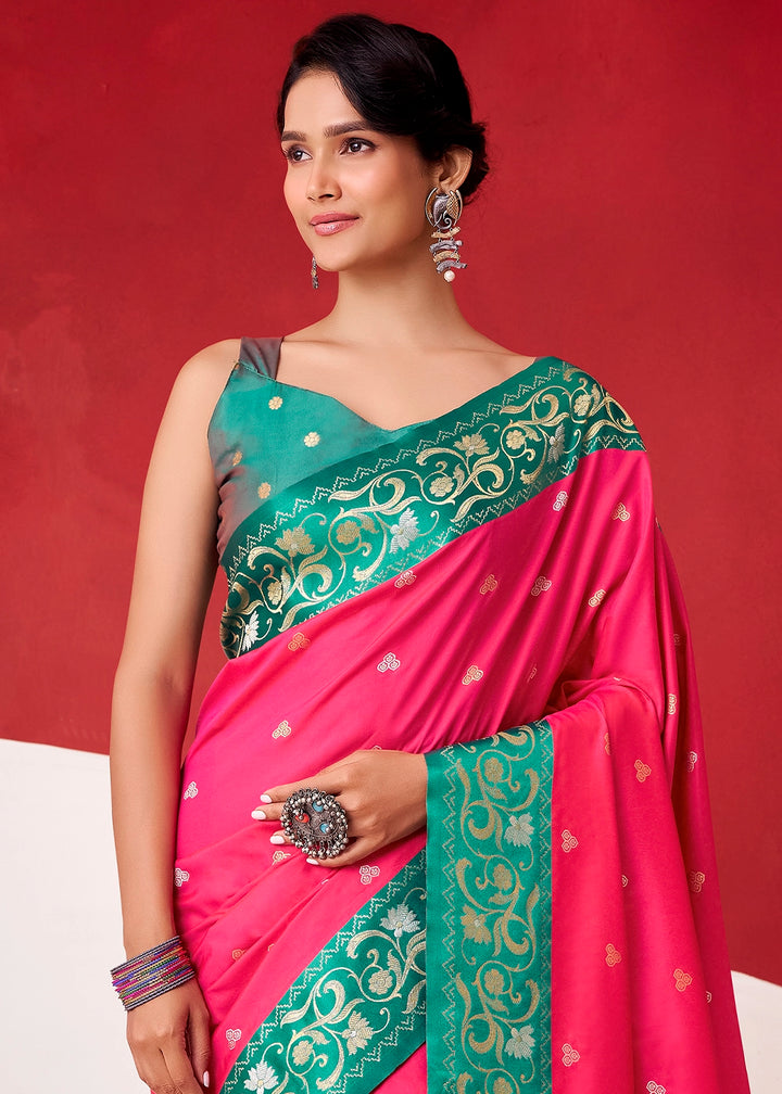 Brink Pink Satin Silk Saree with Intricate Zari Woven Buttis
