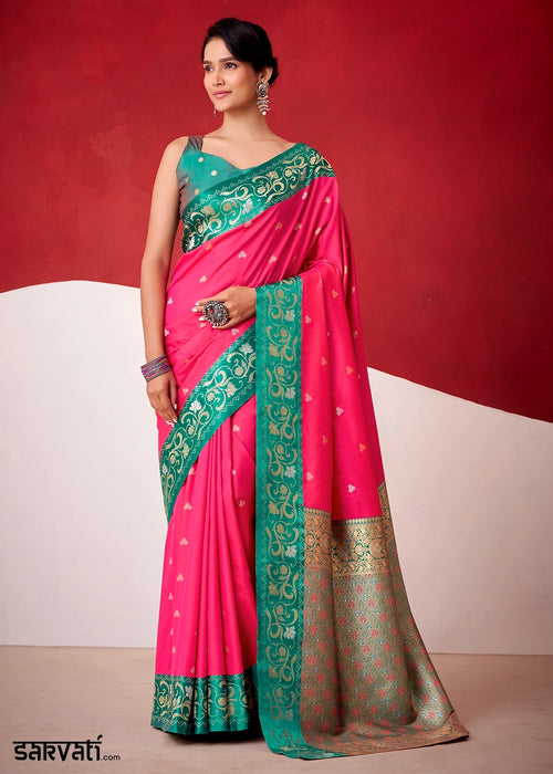 Brink Pink Satin Silk Saree with Intricate Zari Woven Buttis