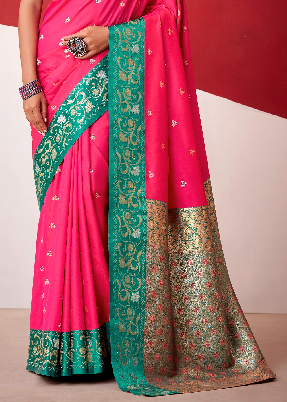 Brink Pink Satin Silk Saree with Intricate Zari Woven Buttis