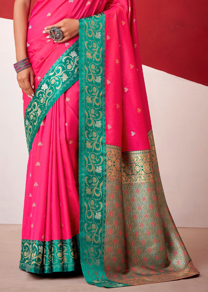 Brink Pink Satin Silk Saree with Intricate Zari Woven Buttis