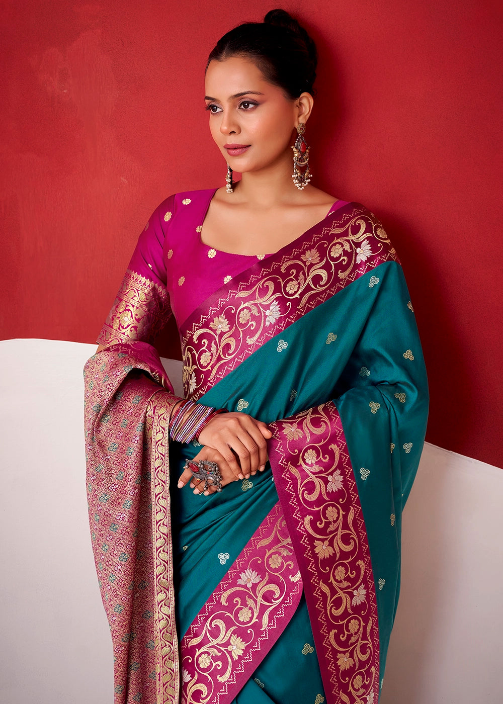 Spanish Blue Satin Silk Saree with Intricate Zari Woven Buttis