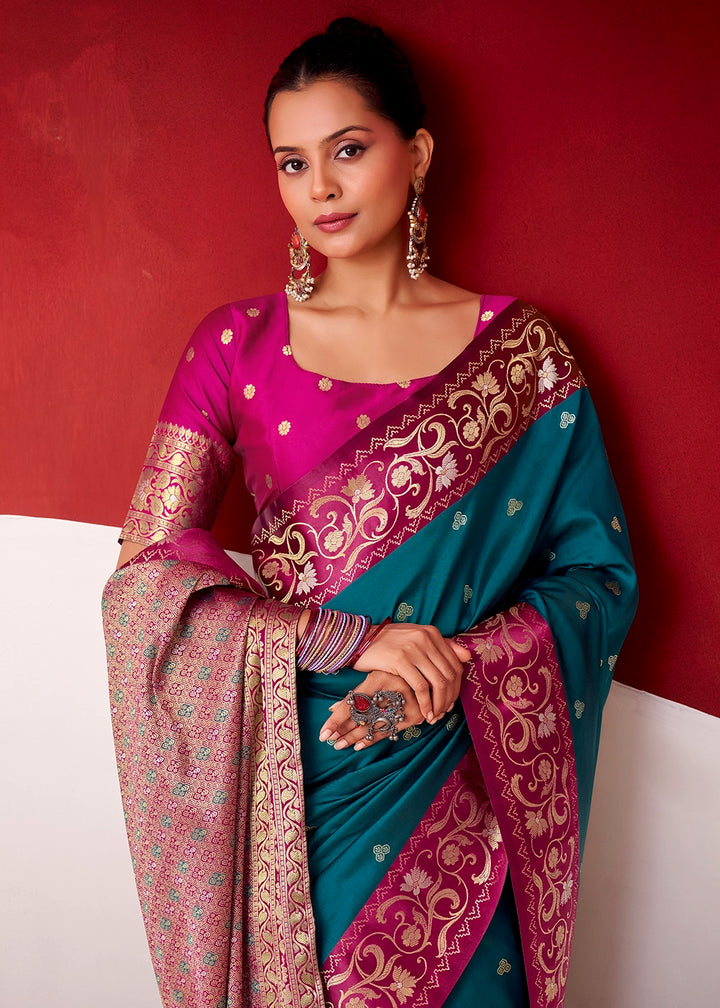 Spanish Blue Satin Silk Saree with Intricate Zari Woven Buttis