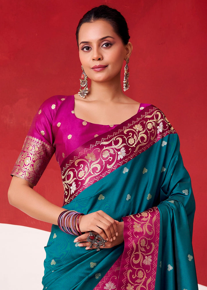 Spanish Blue Satin Silk Saree with Intricate Zari Woven Buttis