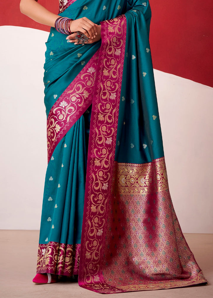 Spanish Blue Satin Silk Saree with Intricate Zari Woven Buttis