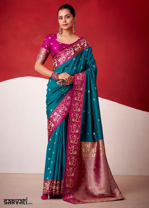 Spanish Blue Satin Silk Saree with Intricate Zari Woven Buttis