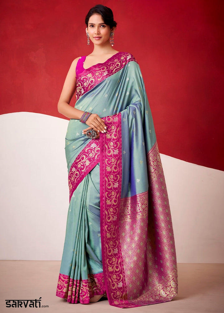 Shades Of Blue Satin Silk Saree with Intricate Zari Woven Buttis