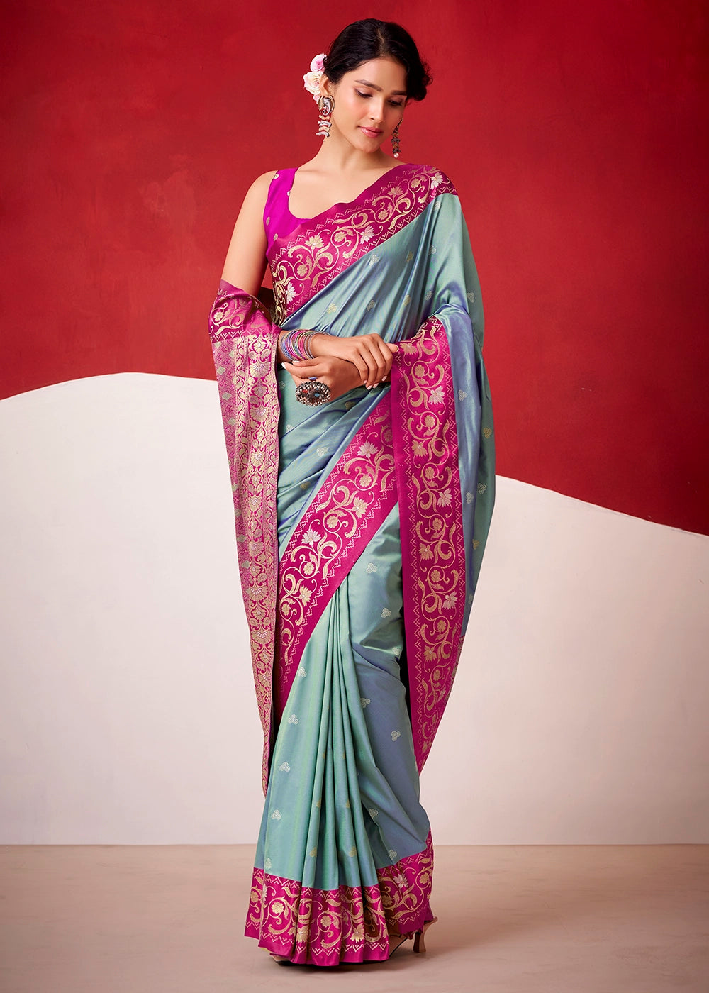 Shades Of Blue Satin Silk Saree with Intricate Zari Woven Buttis